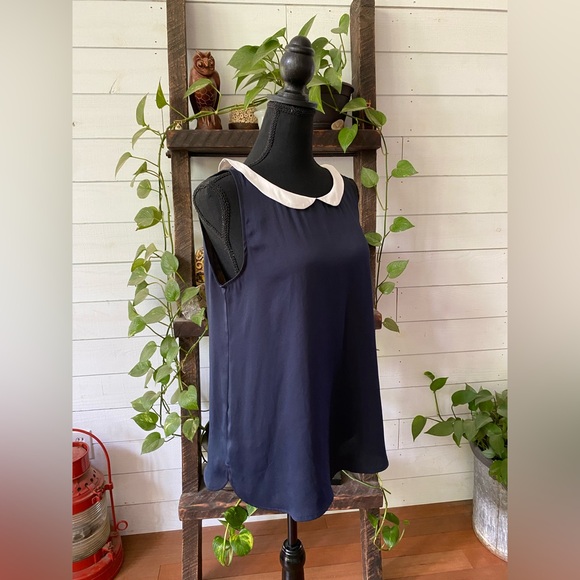LOFT: Blue Sleeveless Blouse with White Peter Pan Collar - Picture 17 of 17